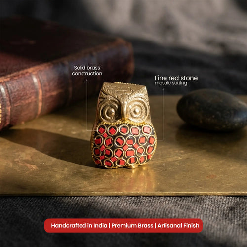 Antique Brass Owl Sculpture with Ruby Red Inlay