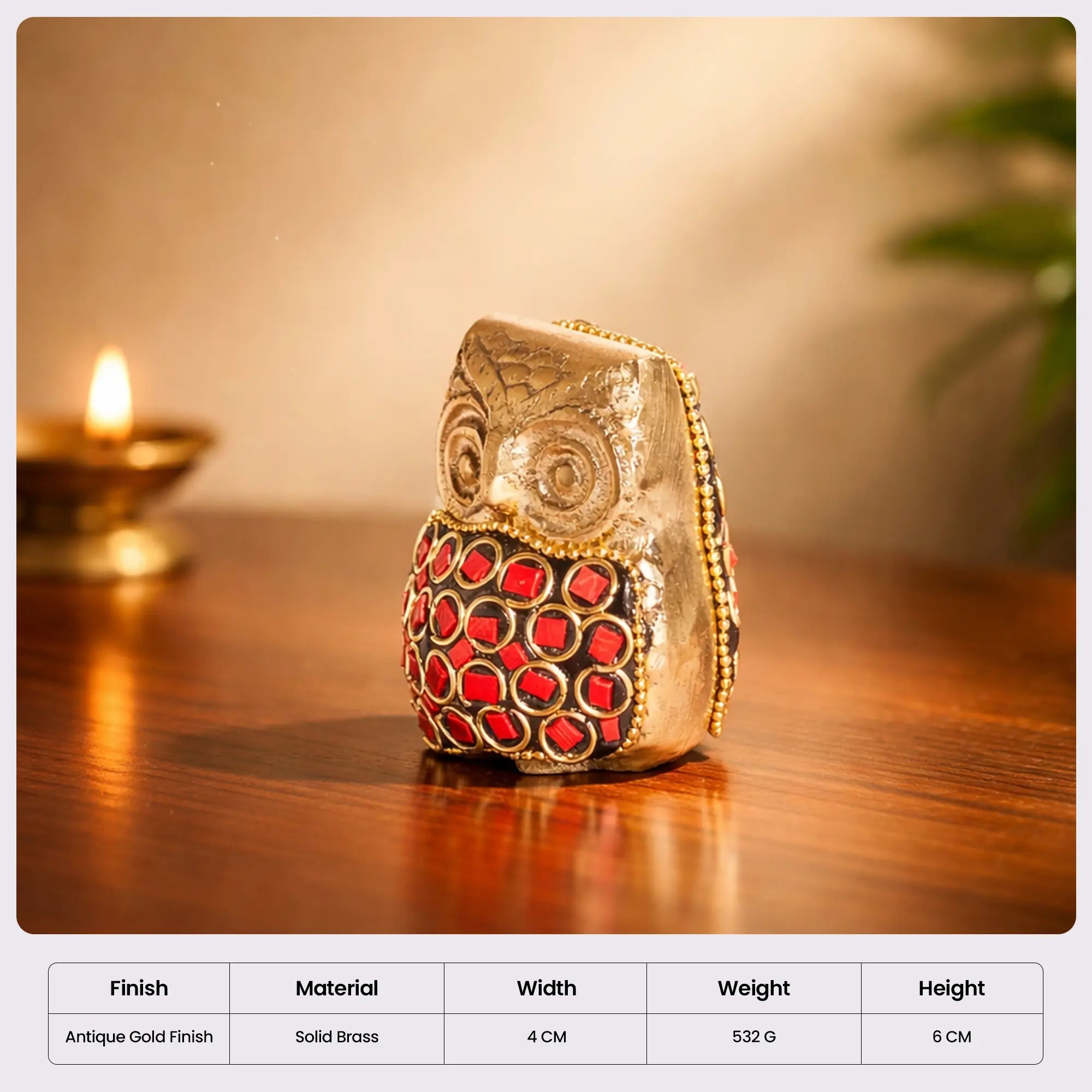 Antique Brass Owl Sculpture with Ruby Red Inlay