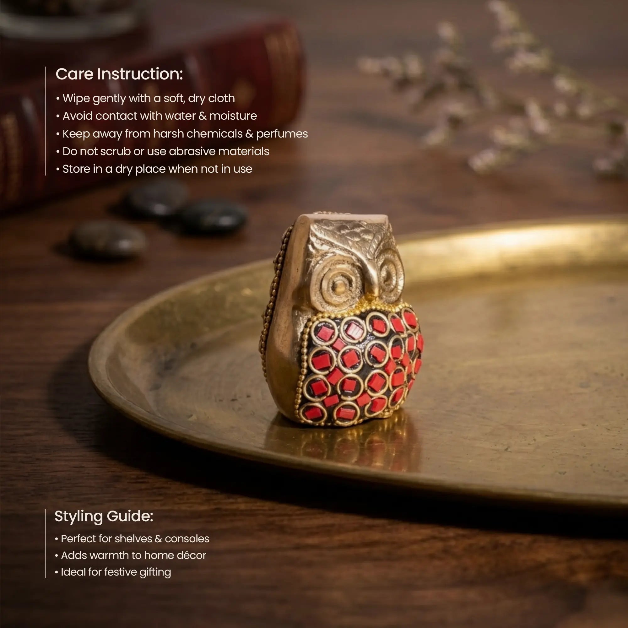 Antique Brass Owl Sculpture with Ruby Red Inlay