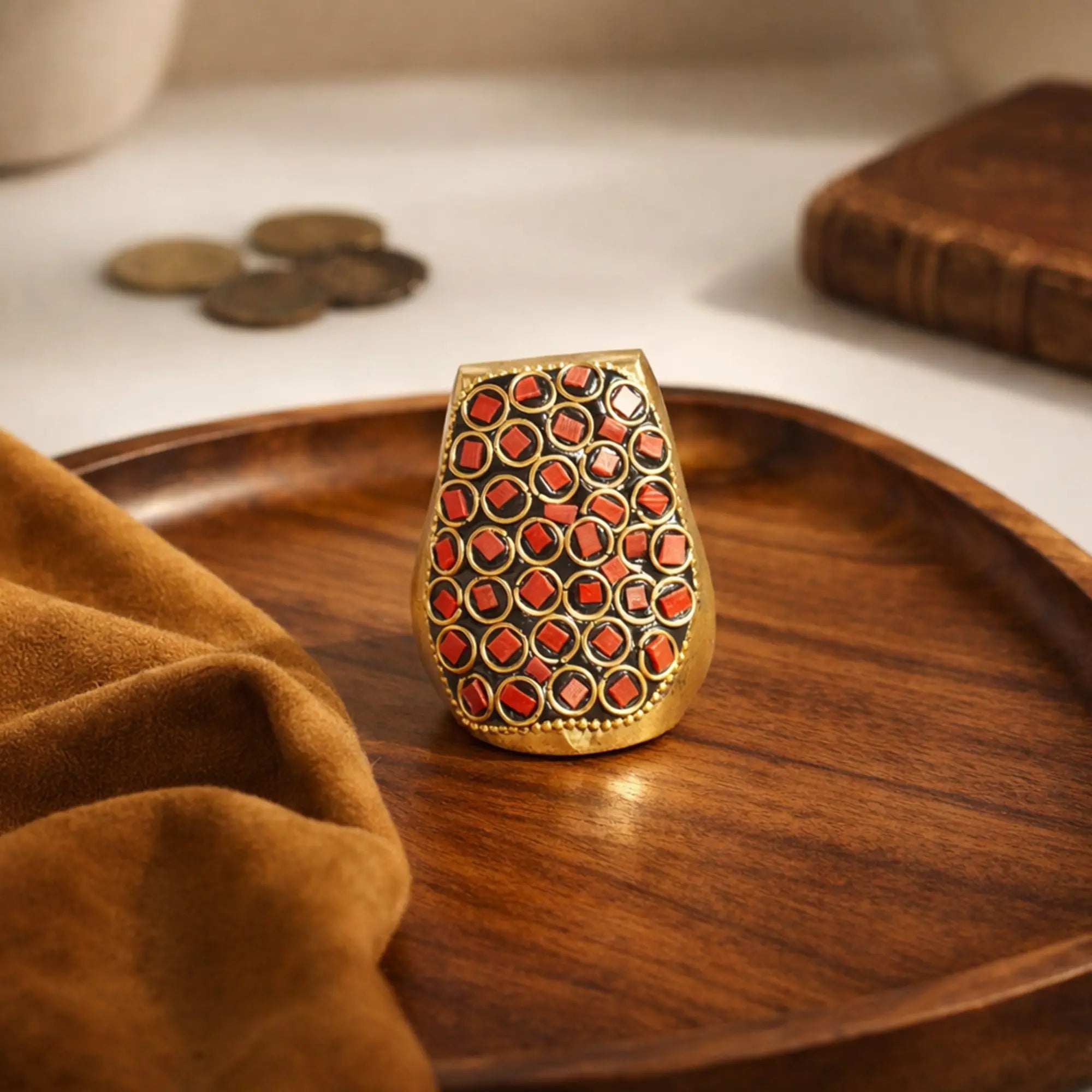 Antique Brass Owl Sculpture with Ruby Red Inlay