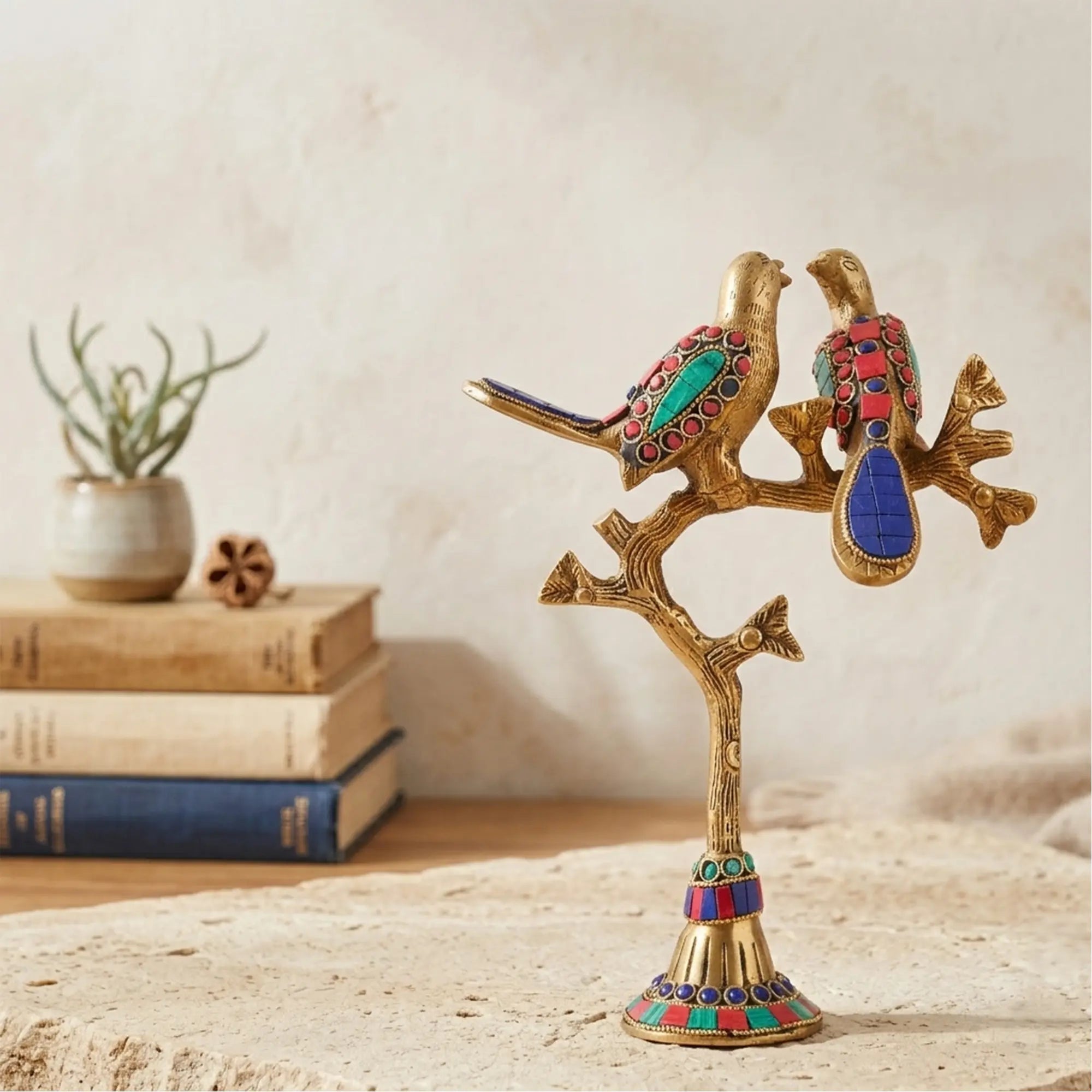 Twin Love Birds on Tree Brass Sculpture