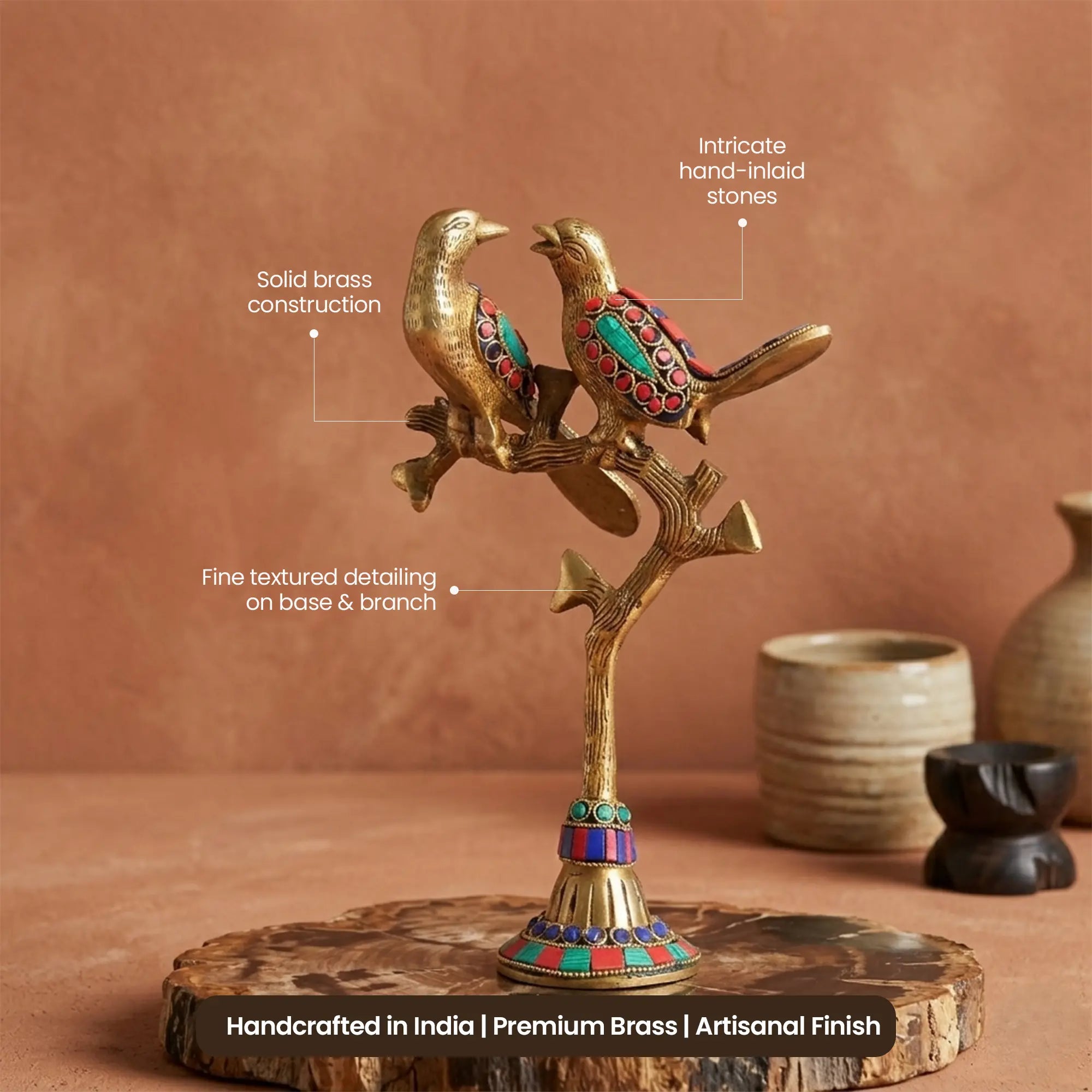 Twin Love Birds on Tree Brass Sculpture