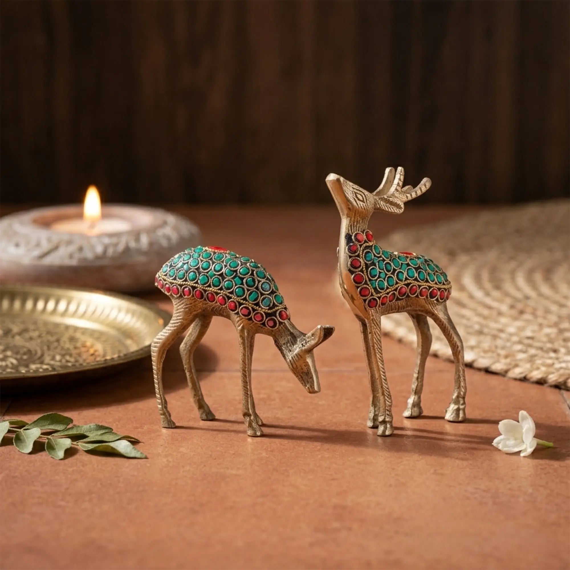 Meenakari Brass Deer Pair Sculptures