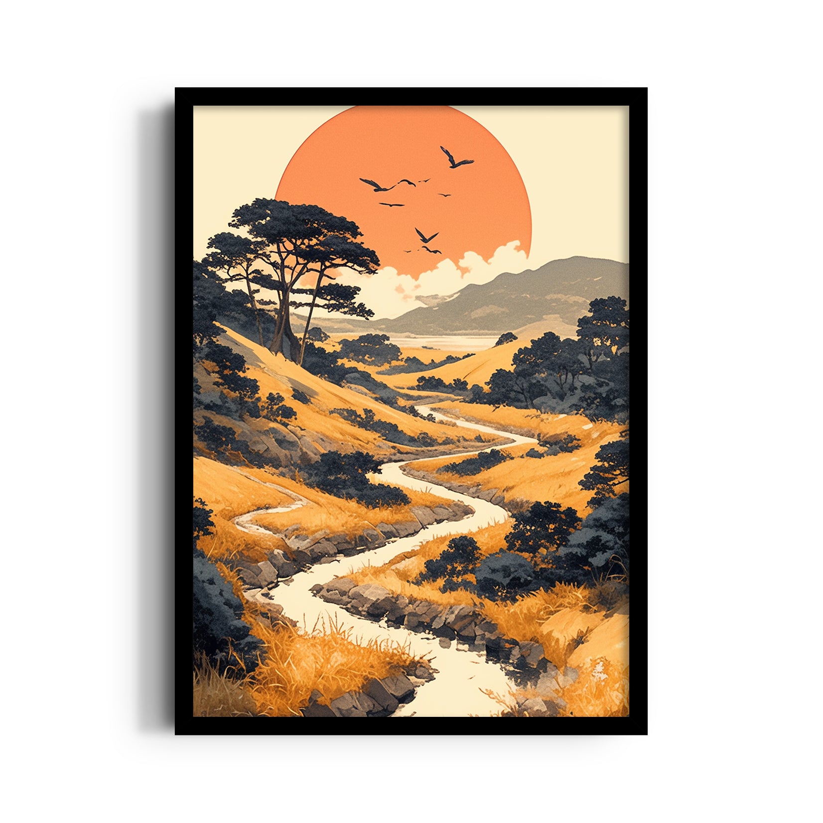 Golden River Sunset Path - Landscape Modern Wall Art