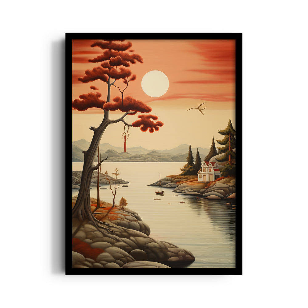 Crimson Lakeside Serenity – Landscape Modern Wall Art - Pillow Fights