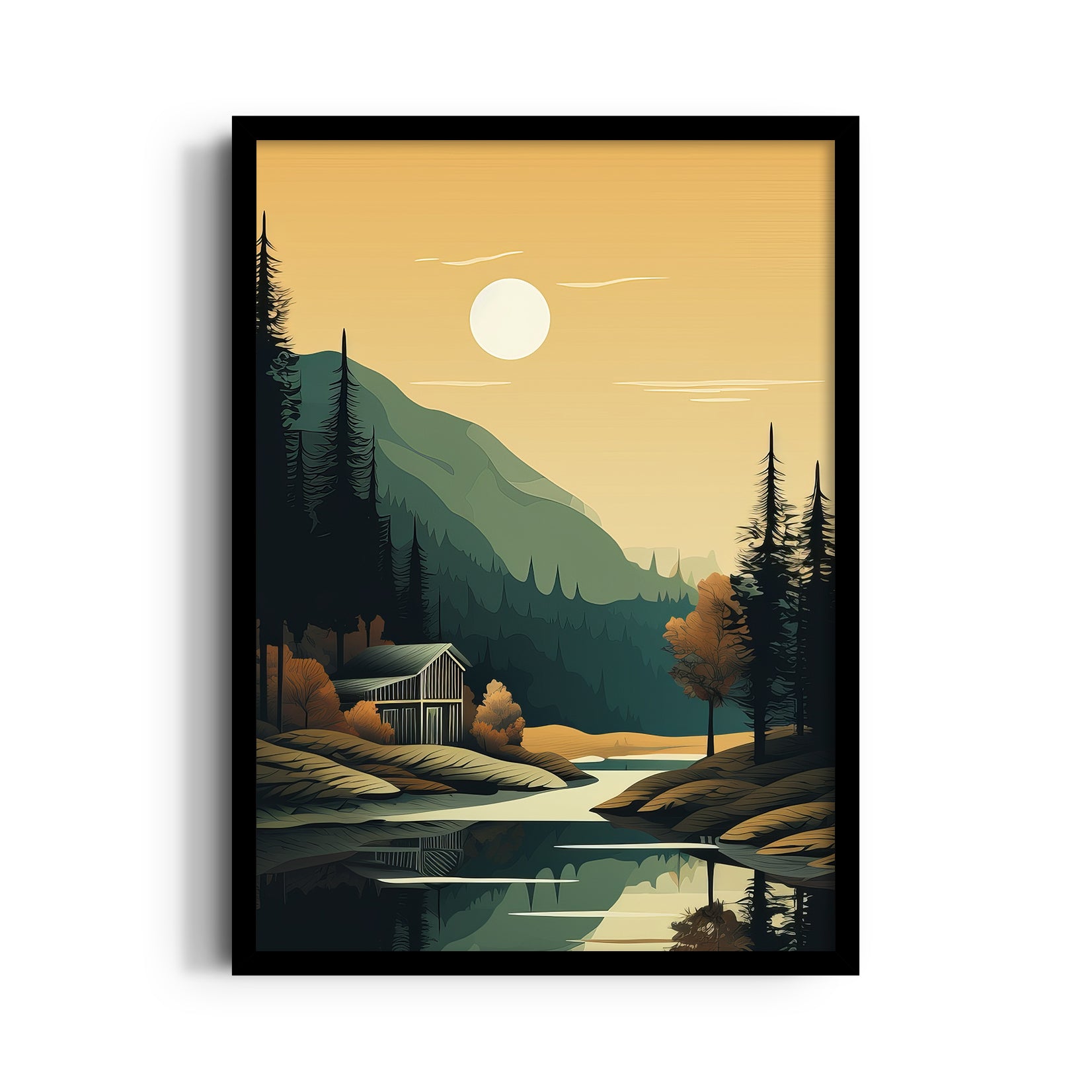 Golden Pines Cabin Reflection - Landscape Modern Wall Art