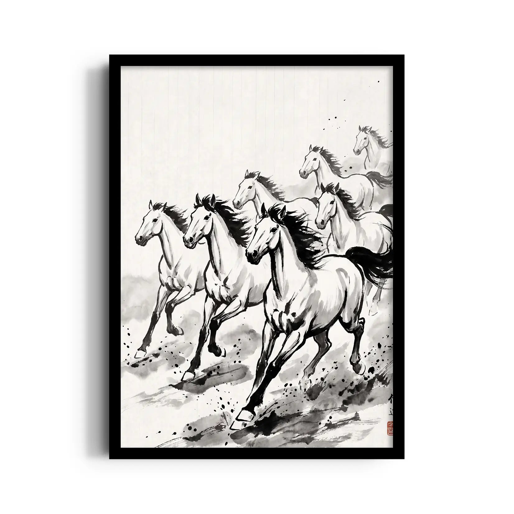 Zen Brushwork Gallop — 7 Horses Vastu Art