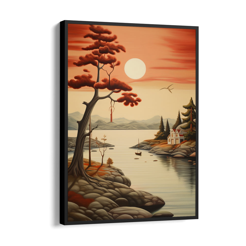 Crimson Lakeside Serenity – Landscape Modern Wall Art - Pillow Fights