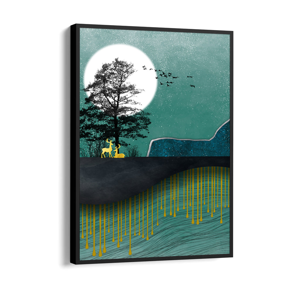 Emerald Moon Deer Haven – Landscape Modern Wall Art - Pillow Fights
