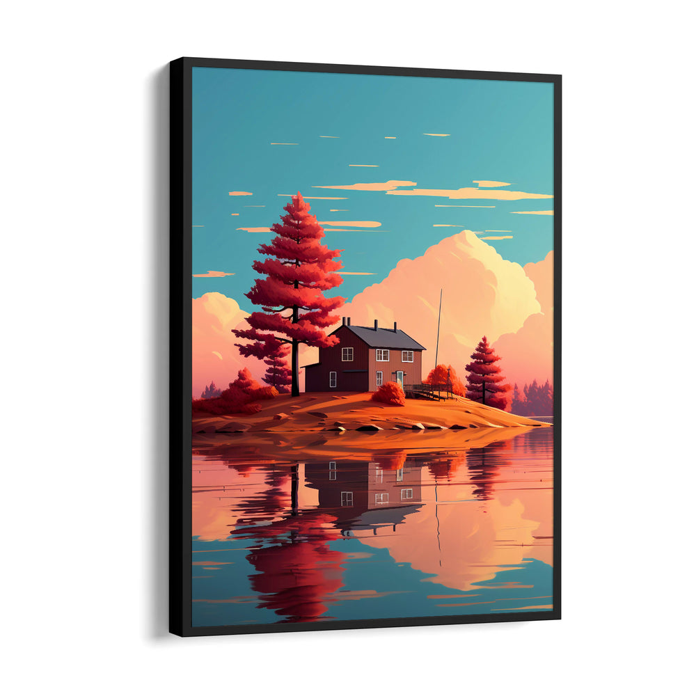 Scarlet Island Cabin Reflection – Landscape Modern Wall Art - Pillow Fights