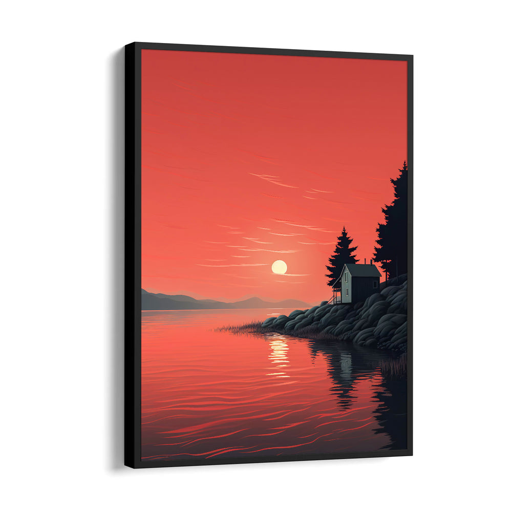 Crimson Lake Sunset Cabin - Landscape Modern Wall Art