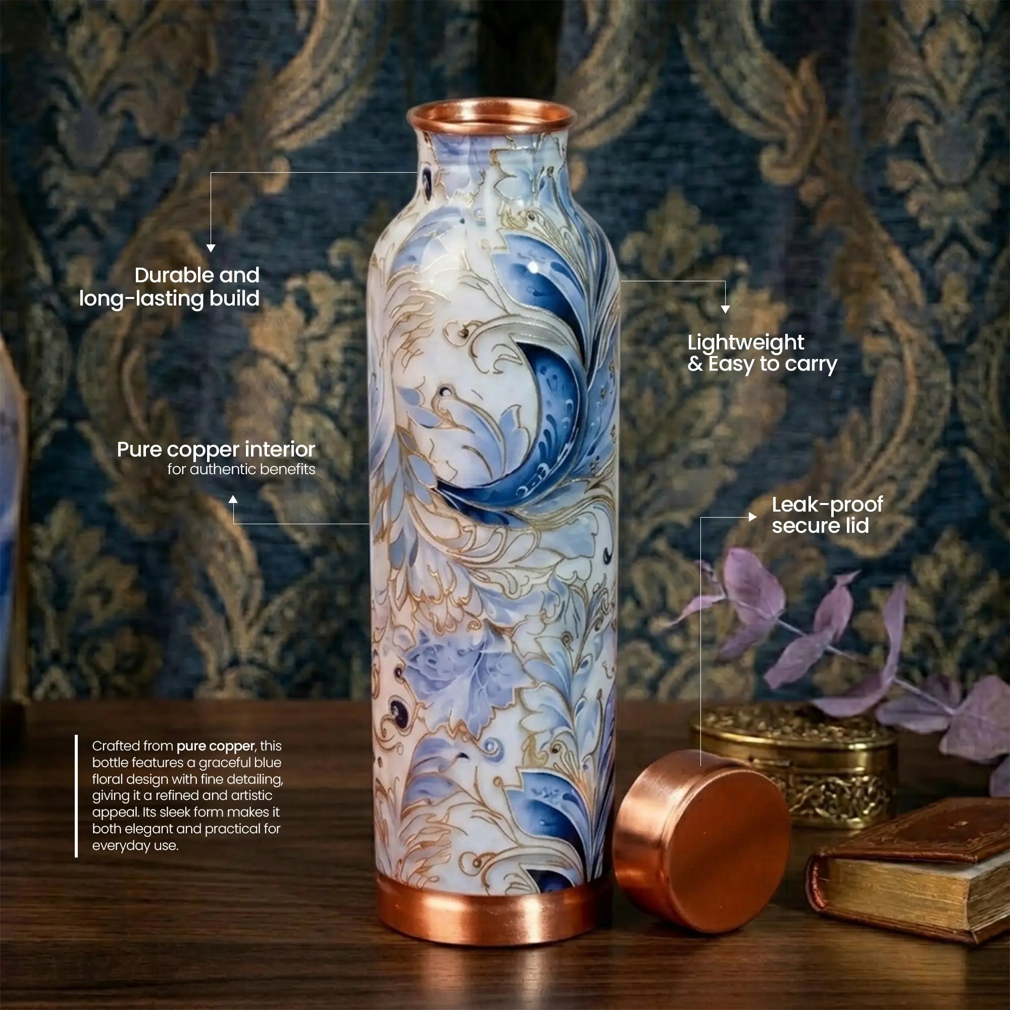 Grey Blue Marble Print Copper Bottle