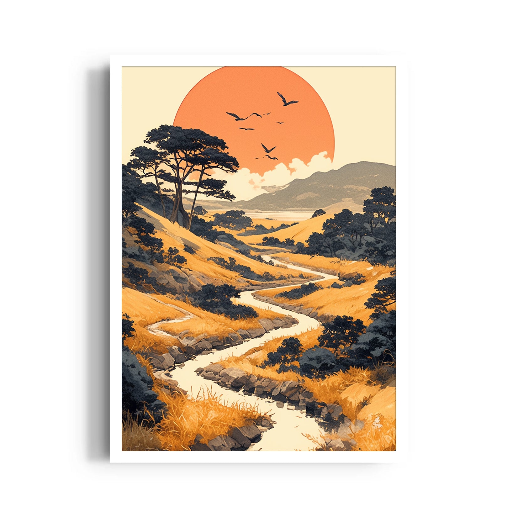 Golden River Sunset Path - Landscape Modern Wall Art