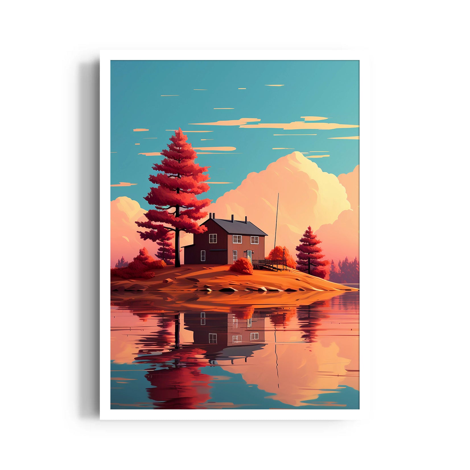 Scarlet Island Cabin Reflection - Landscape Modern Wall Art