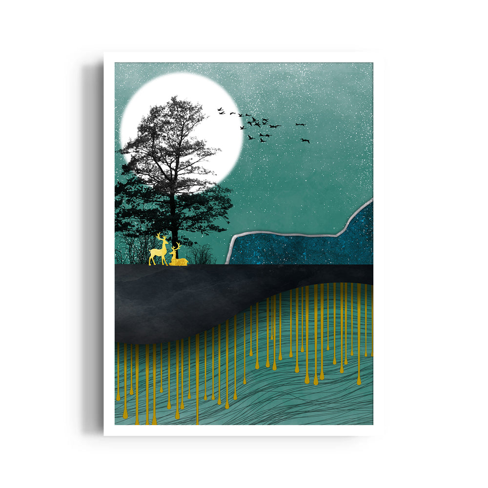 Emerald Moon Deer Haven – Landscape Modern Wall Art - Pillow Fights