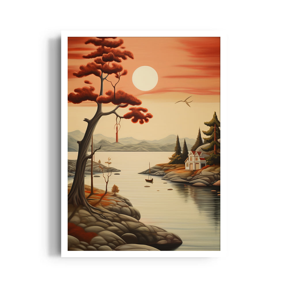 Crimson Lakeside Serenity – Landscape Modern Wall Art - Pillow Fights