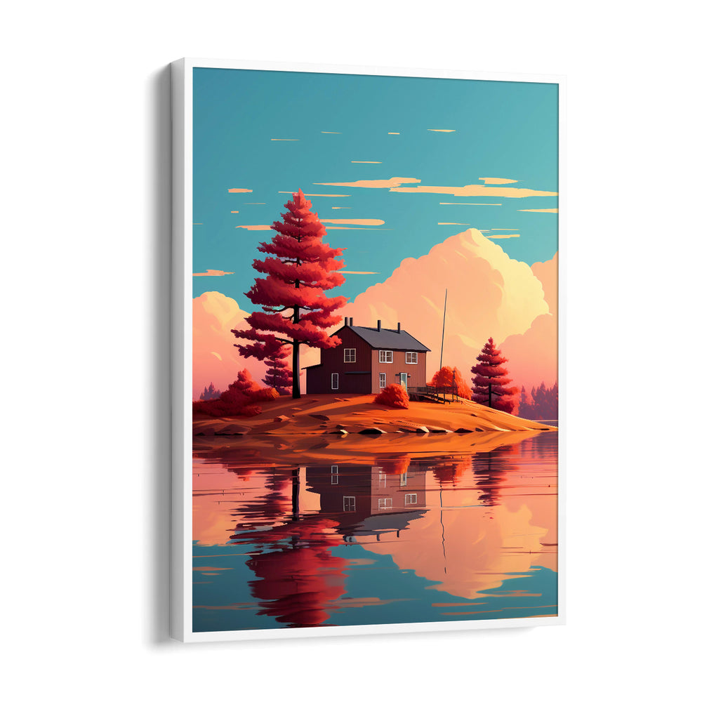 Scarlet Island Cabin Reflection – Landscape Modern Wall Art - Pillow Fights