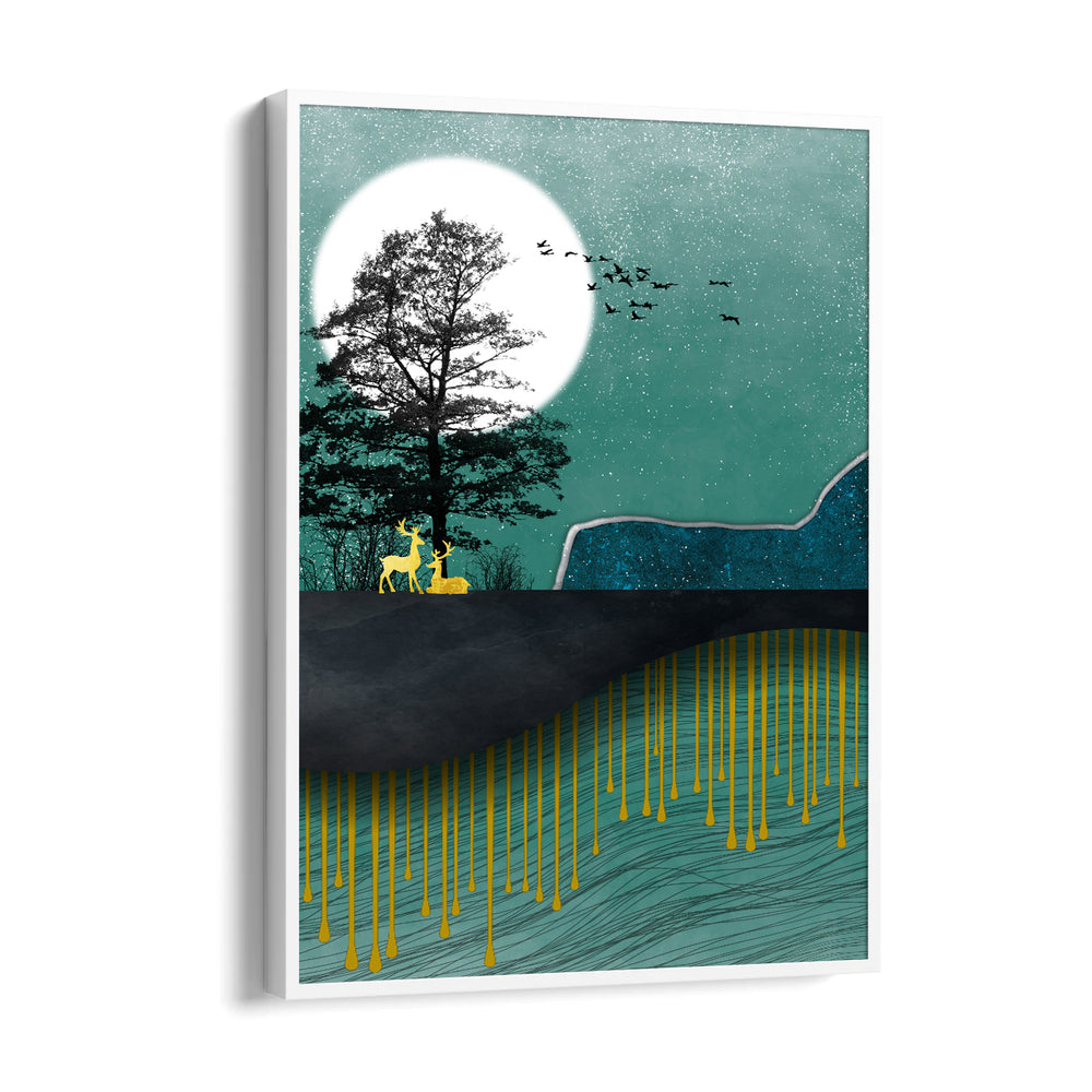Emerald Moon Deer Haven – Landscape Modern Wall Art - Pillow Fights