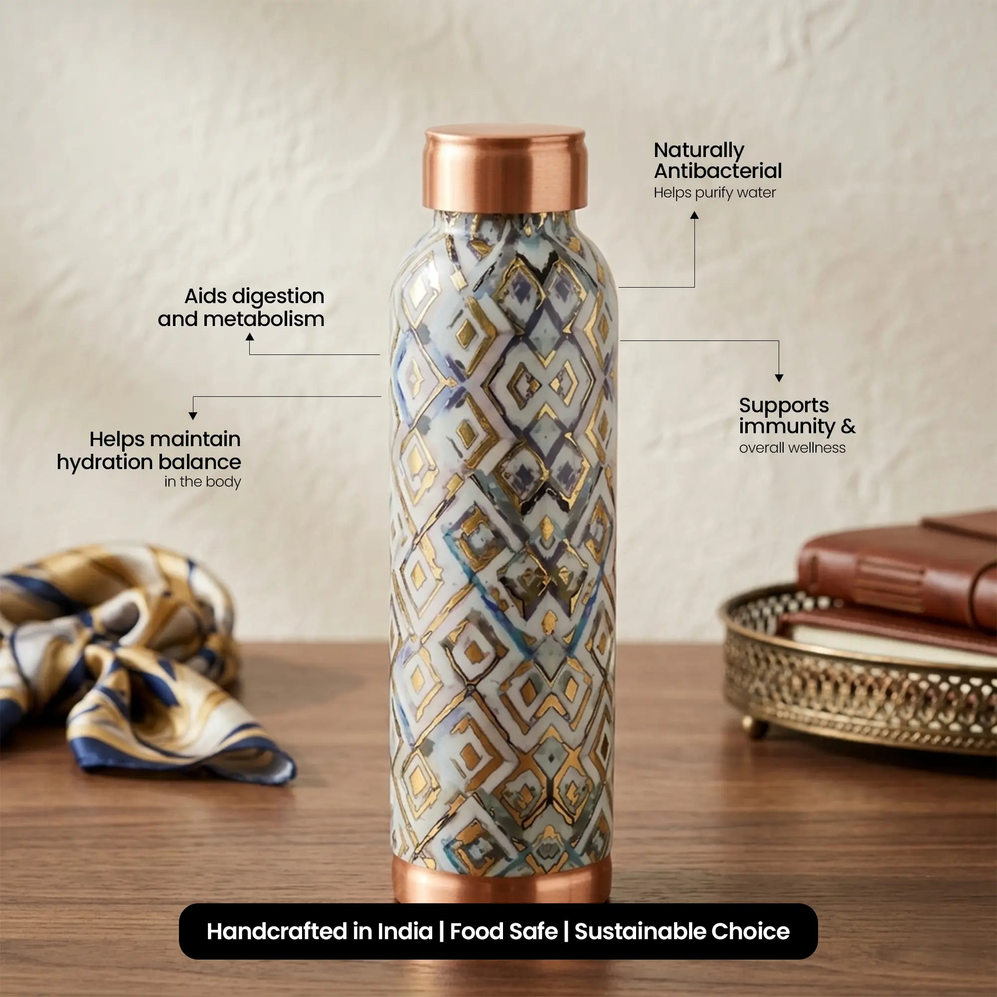 Grey Barfi Geometric Print Copper Bottle