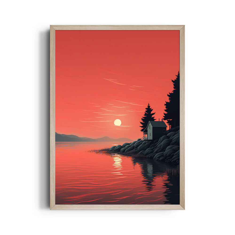 Crimson Lake Sunset Cabin - Landscape Modern Wall Art
