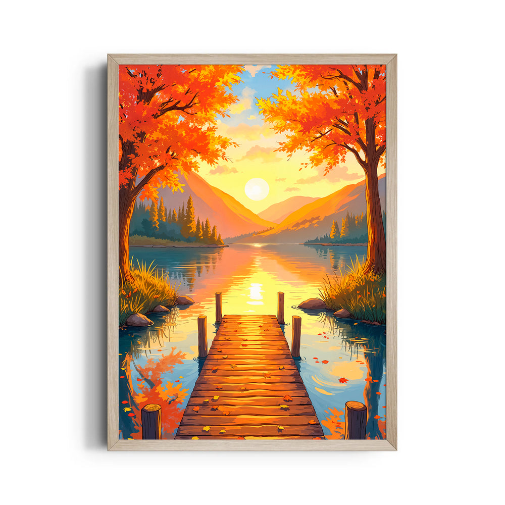 Autumn Lake Sunrise Pier - Landscape Modern Wall Art