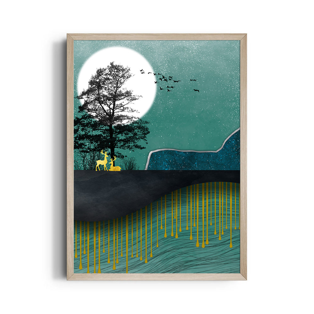 Emerald Moon Deer Haven – Landscape Modern Wall Art - Pillow Fights