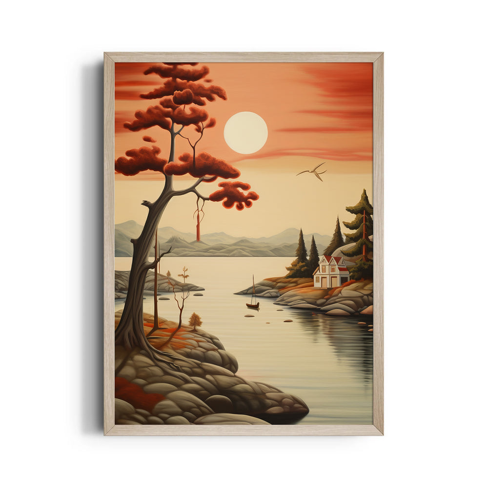 Crimson Lakeside Serenity – Landscape Modern Wall Art - Pillow Fights