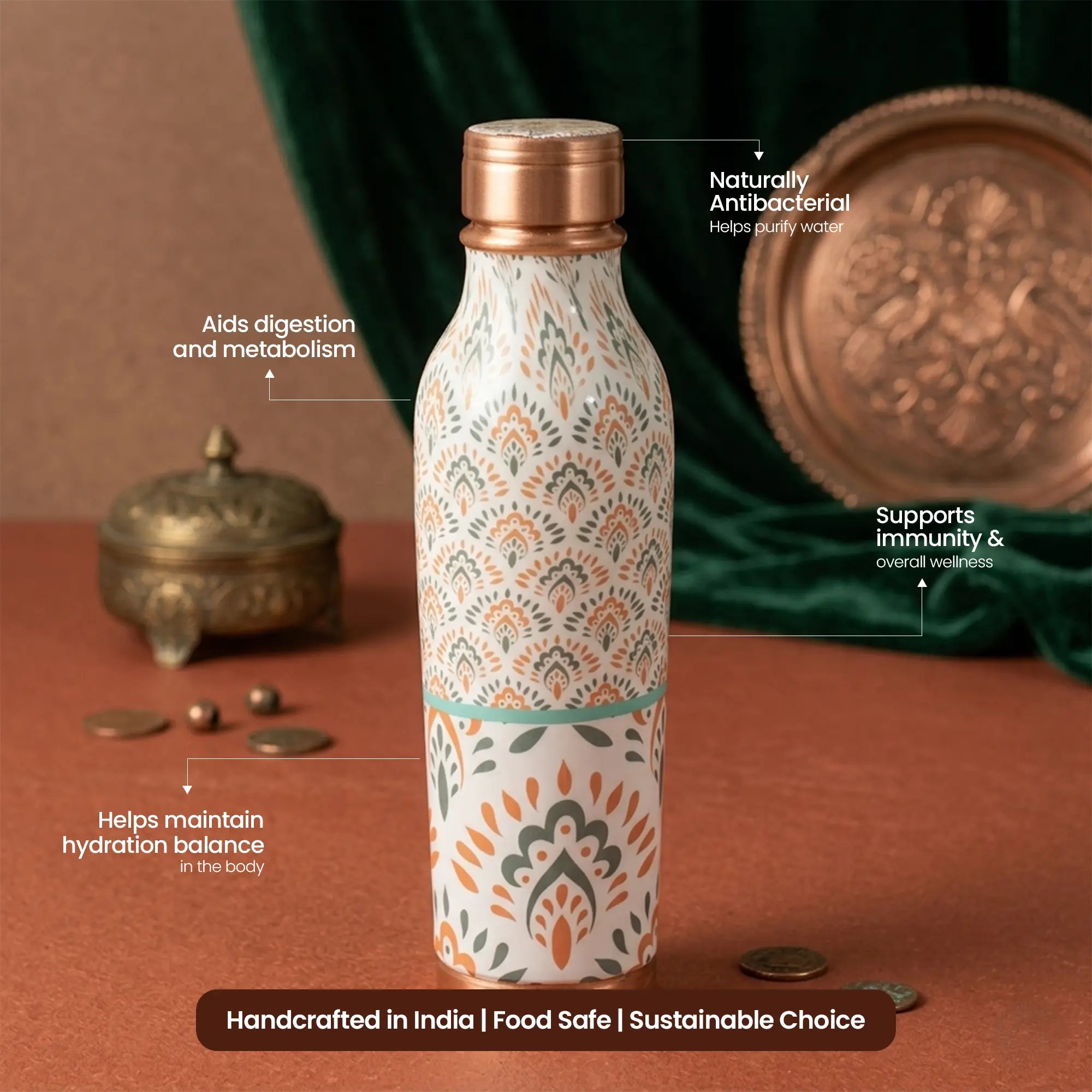 Traditional Green & Orange Floral Copper Bottle
