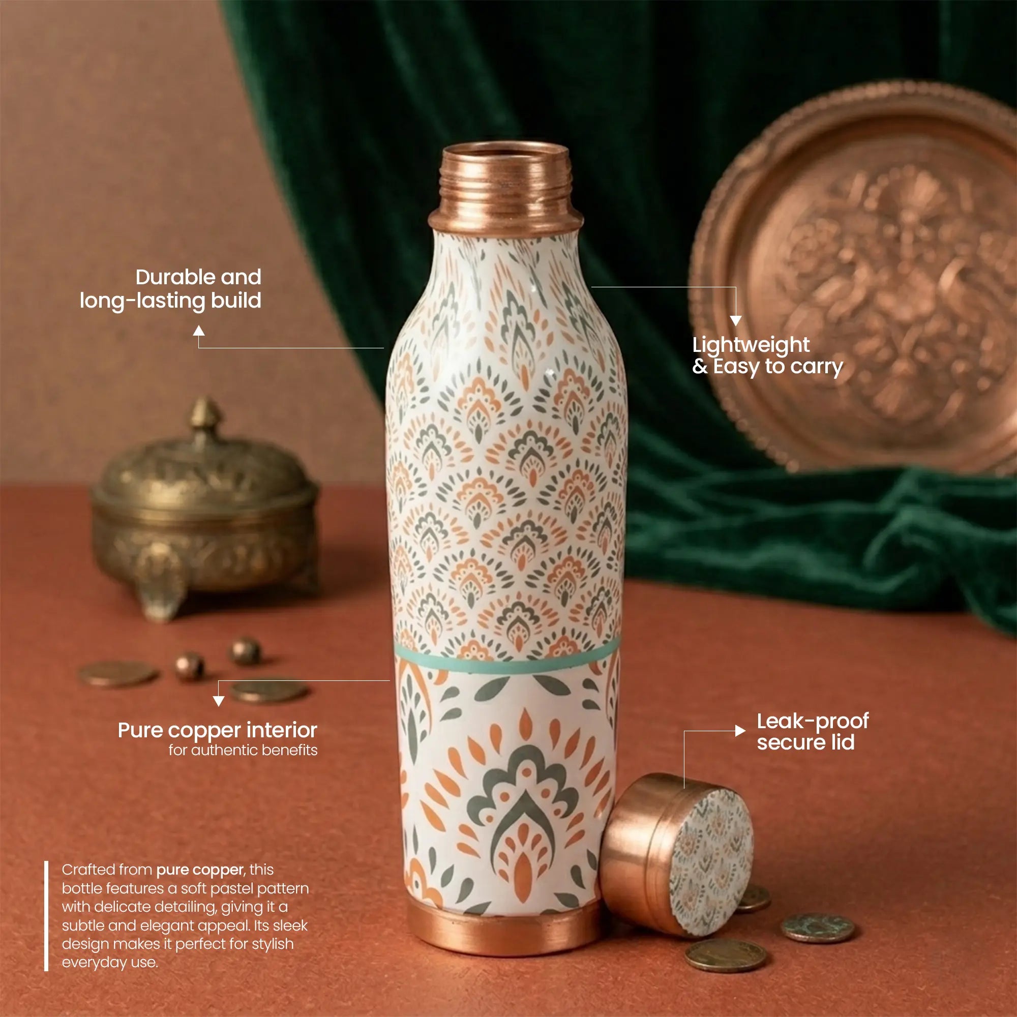Traditional Green & Orange Floral Copper Bottle