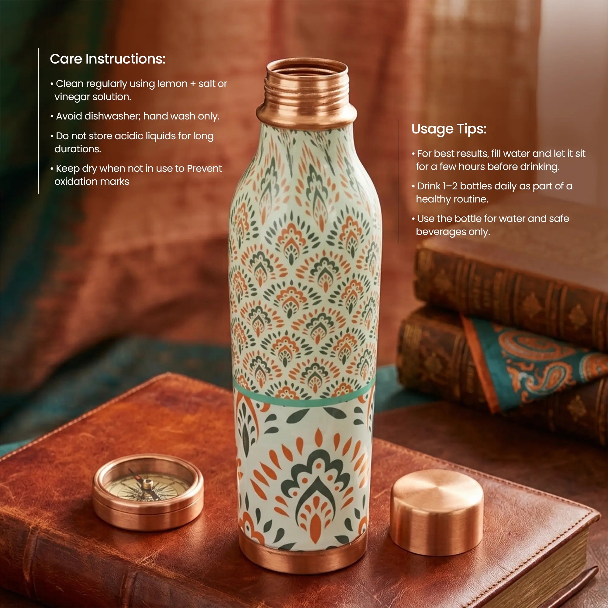 Traditional Green & Orange Floral Copper Bottle