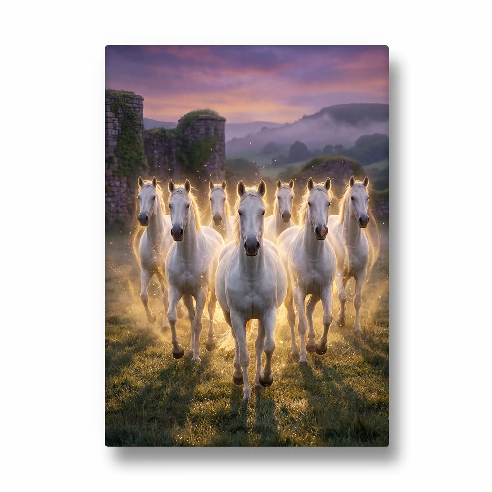 Golden Aura Victory — 7 Horses Vastu Art