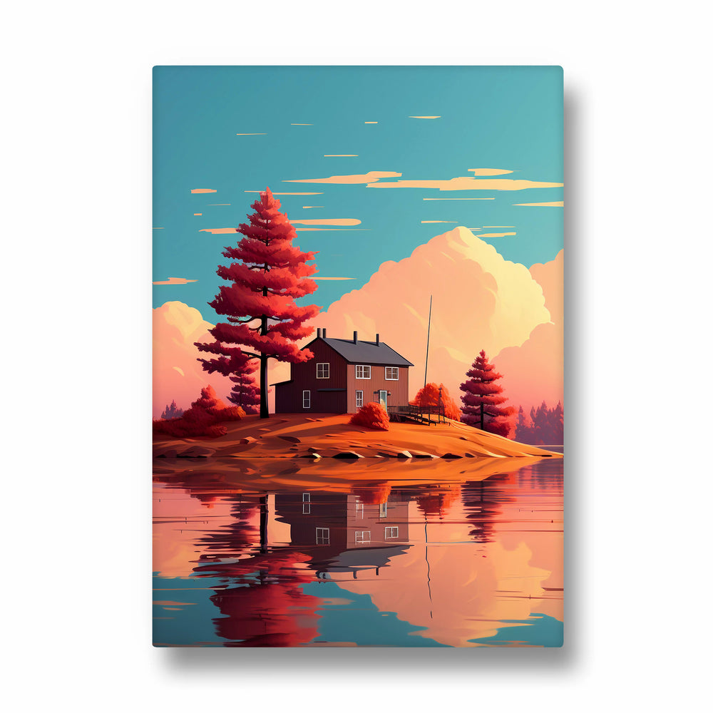 Scarlet Island Cabin Reflection – Landscape Modern Wall Art - Pillow Fights