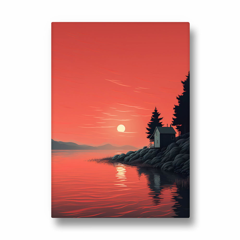 Crimson Lake Sunset Cabin - Landscape Modern Wall Art