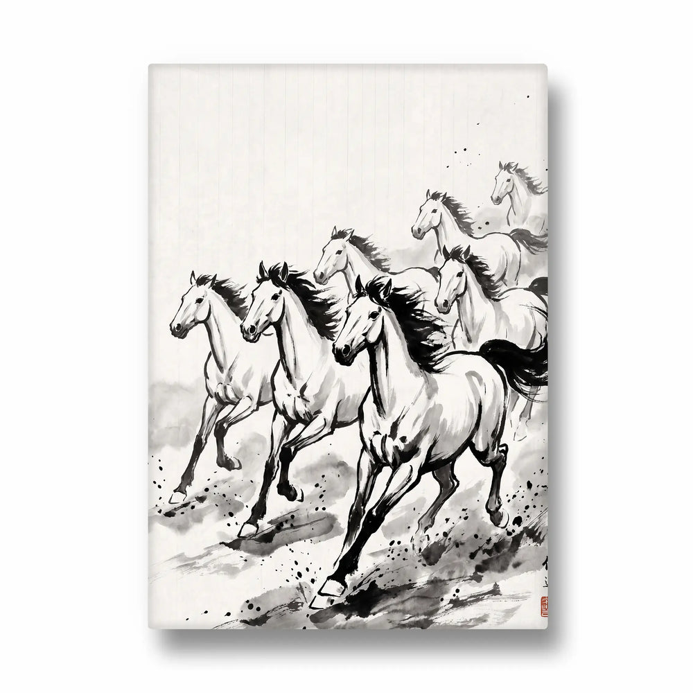 Zen Brushwork Gallop — 7 Horses Vastu Art