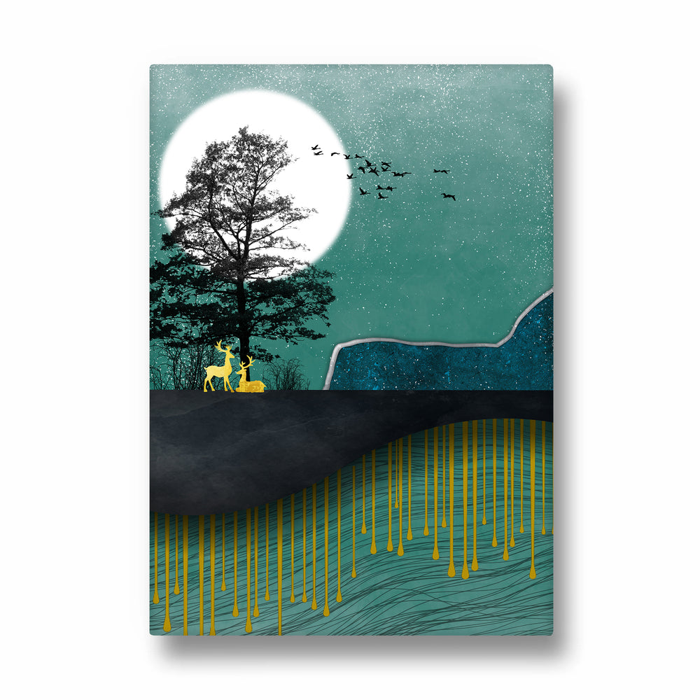 Emerald Moon Deer Haven – Landscape Modern Wall Art - Pillow Fights