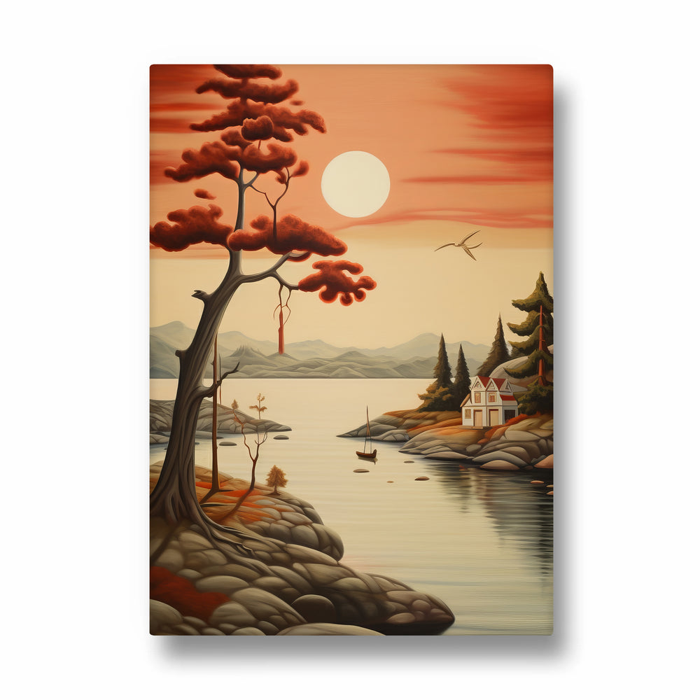 Crimson Lakeside Serenity – Landscape Modern Wall Art - Pillow Fights