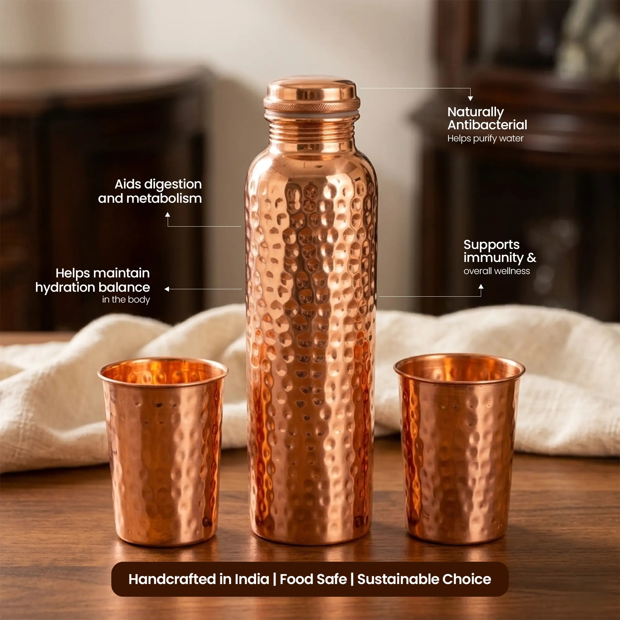 Classic Hammered Copper Bottle & Tumbler Set