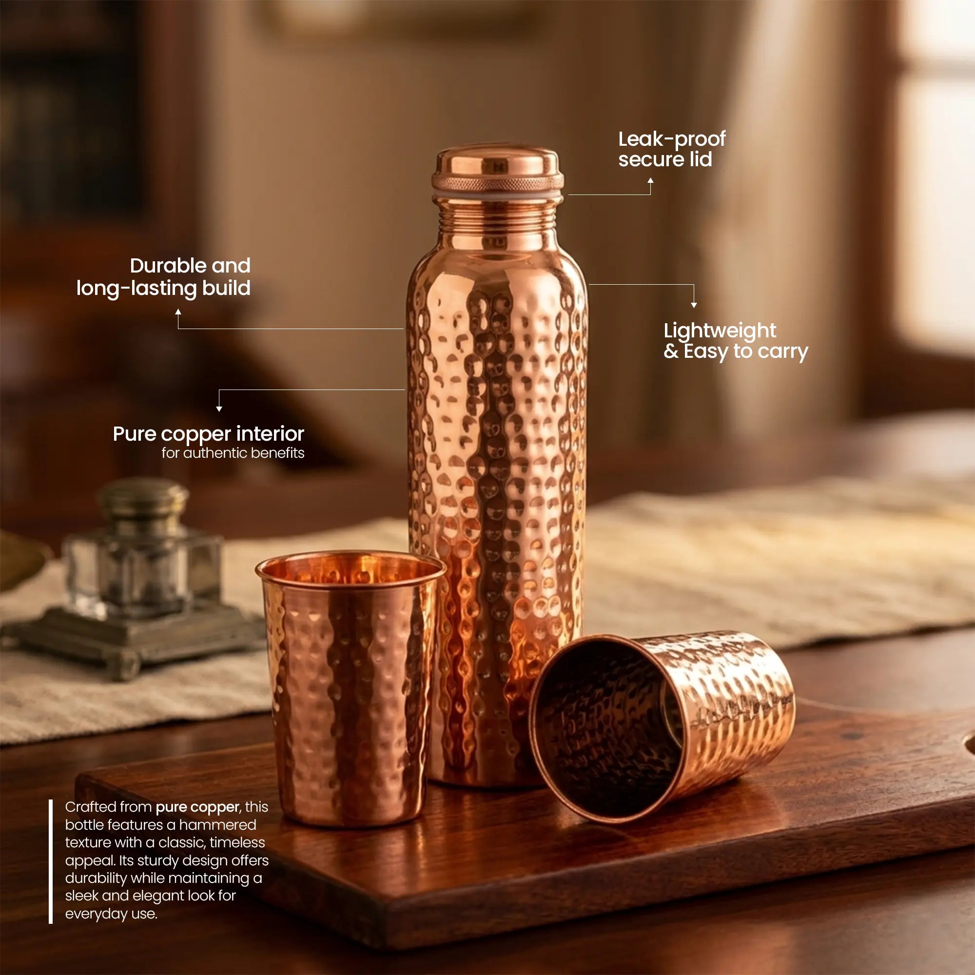 Classic Hammered Copper Bottle & Tumbler Set