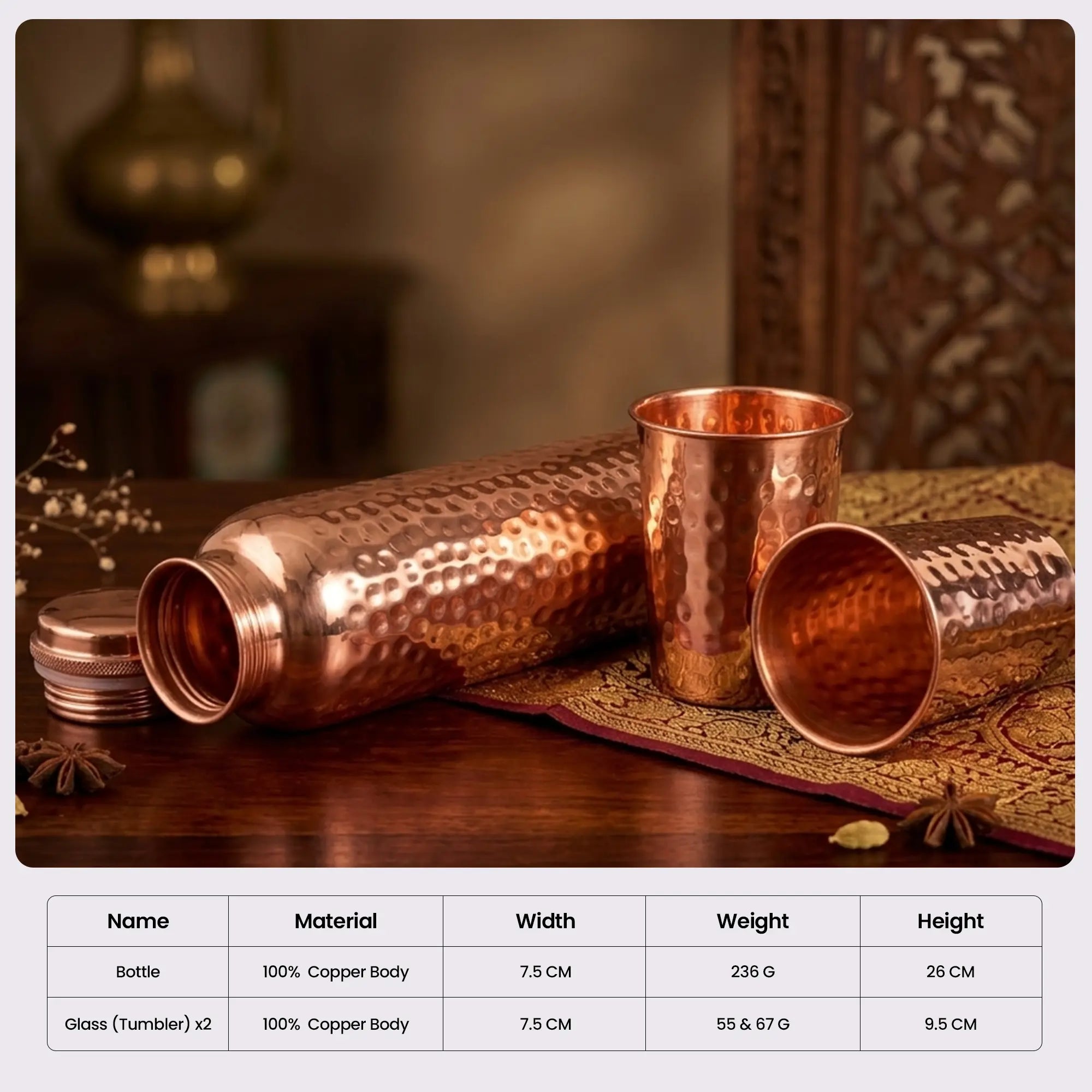 Classic Hammered Copper Bottle & Tumbler Set