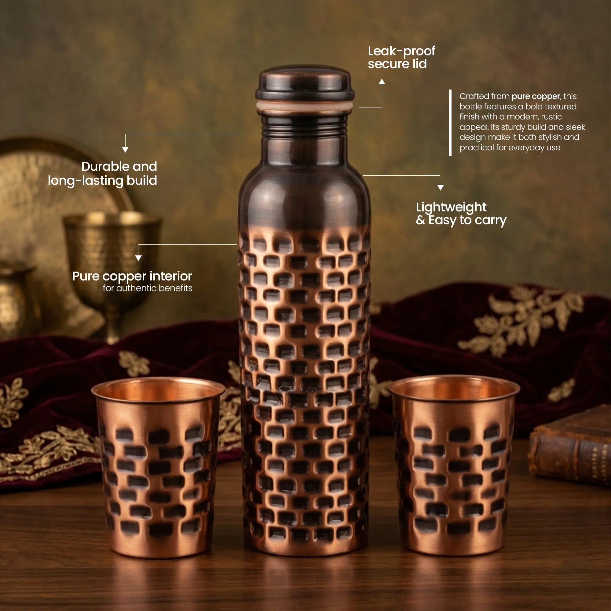 Antique Brick Pattern Copper Bottle & Tumbler Set