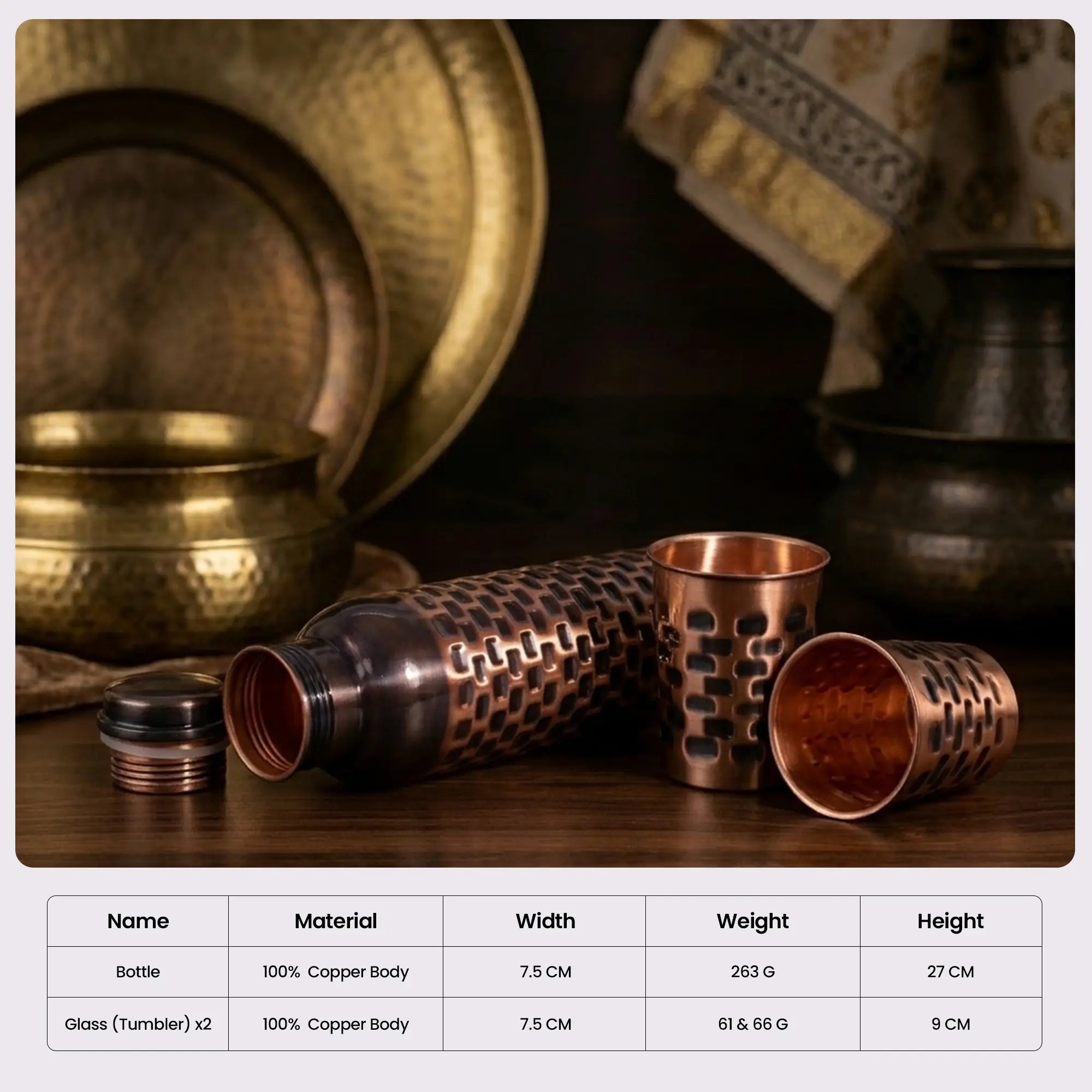 Antique Brick Pattern Copper Bottle & Tumbler Set