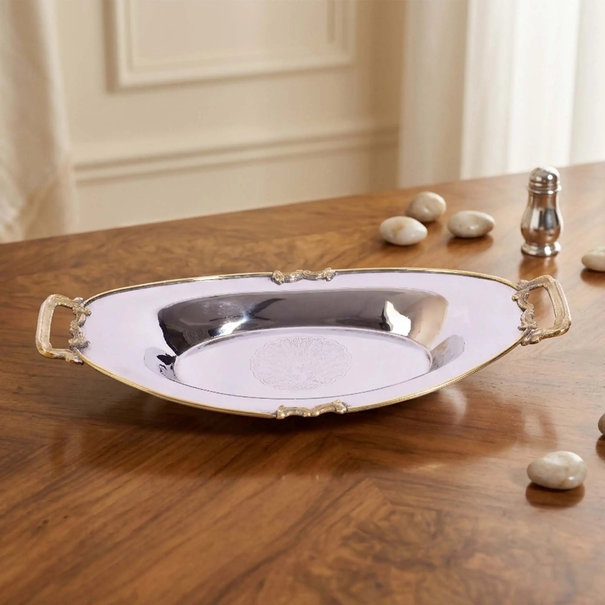 Hammered Stainless Steel Leaf Platter with Brass Handle