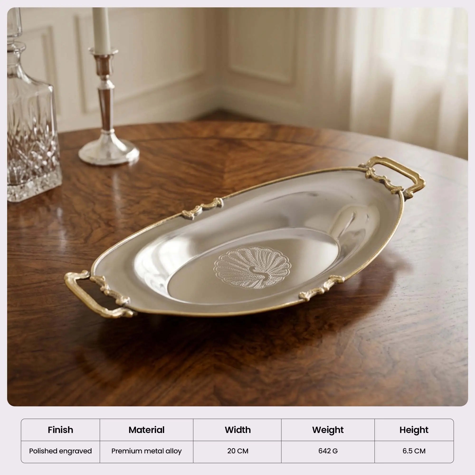 Hammered Stainless Steel Leaf Platter with Brass Handle