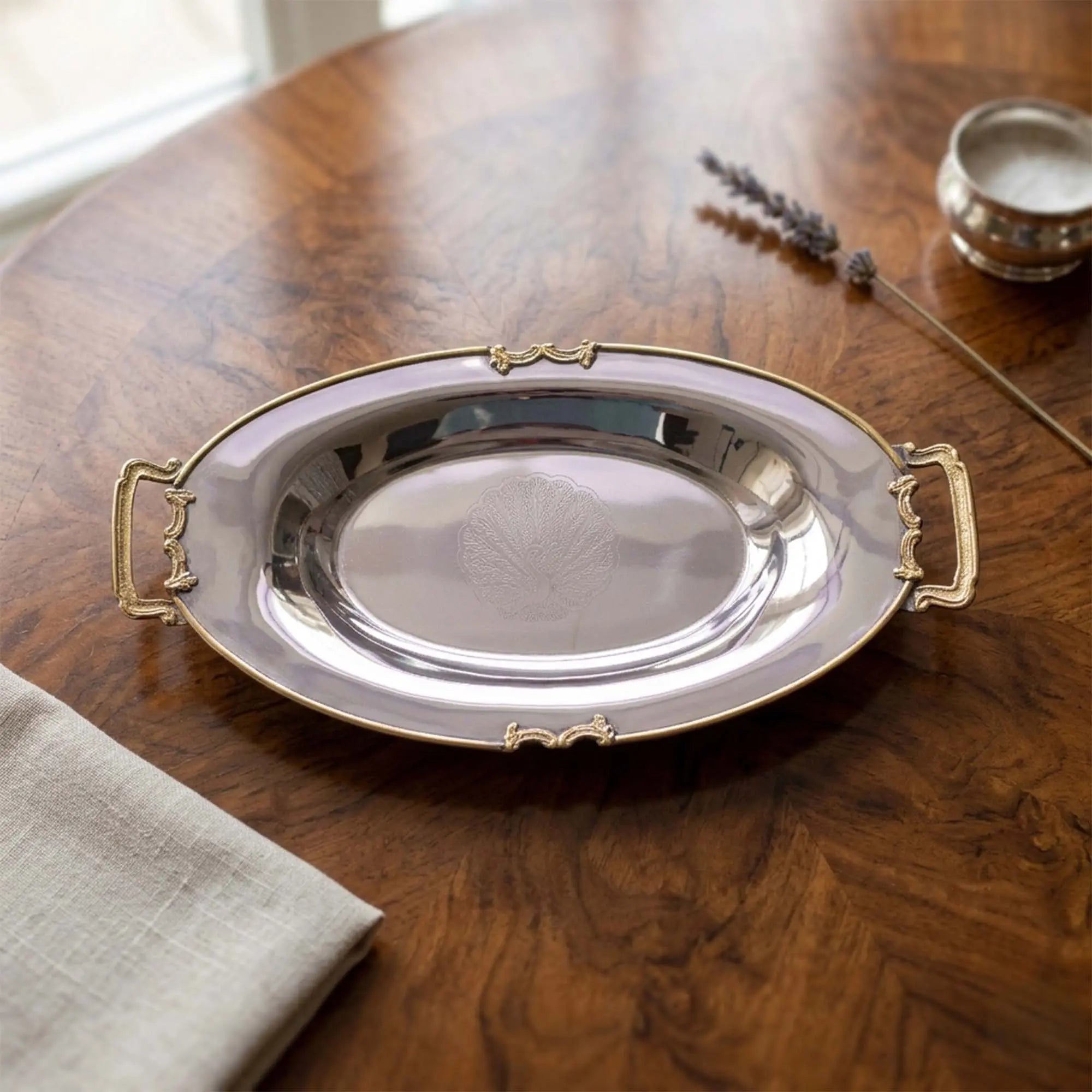 Hammered Stainless Steel Leaf Platter with Brass Handle