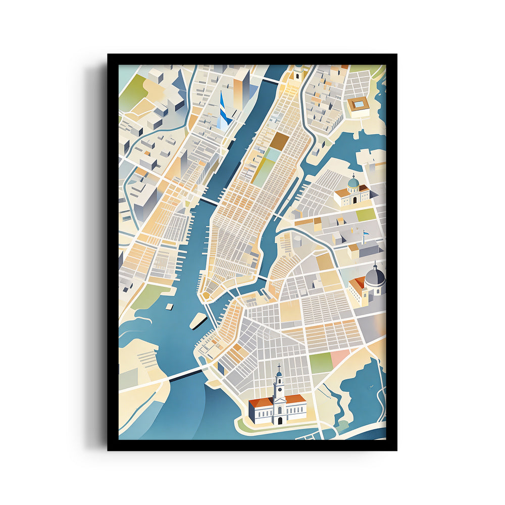Golden Waterfront Grid - street map wall art