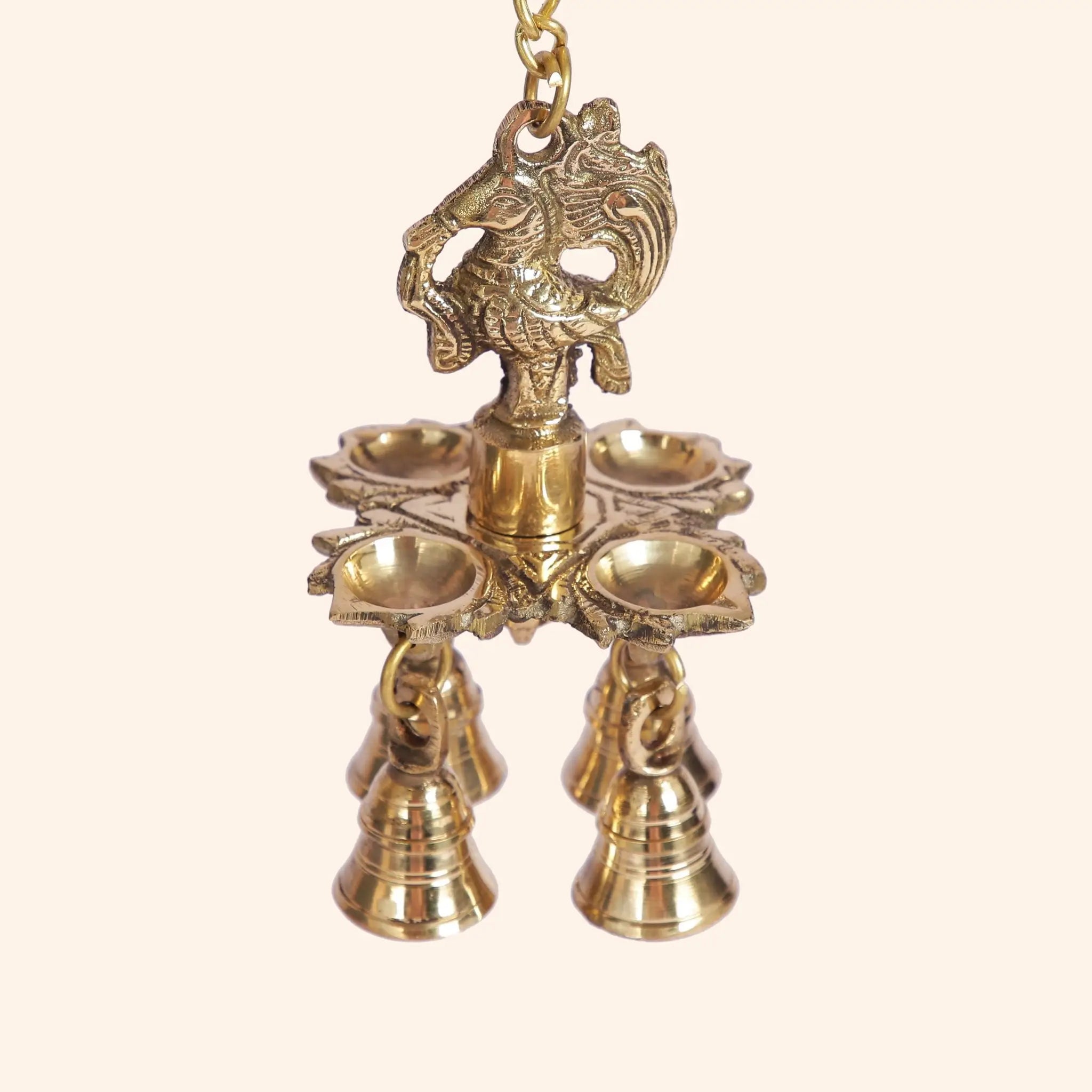 Traditional Brass Hanging Diya with Bells ("Munga Deep Chain")