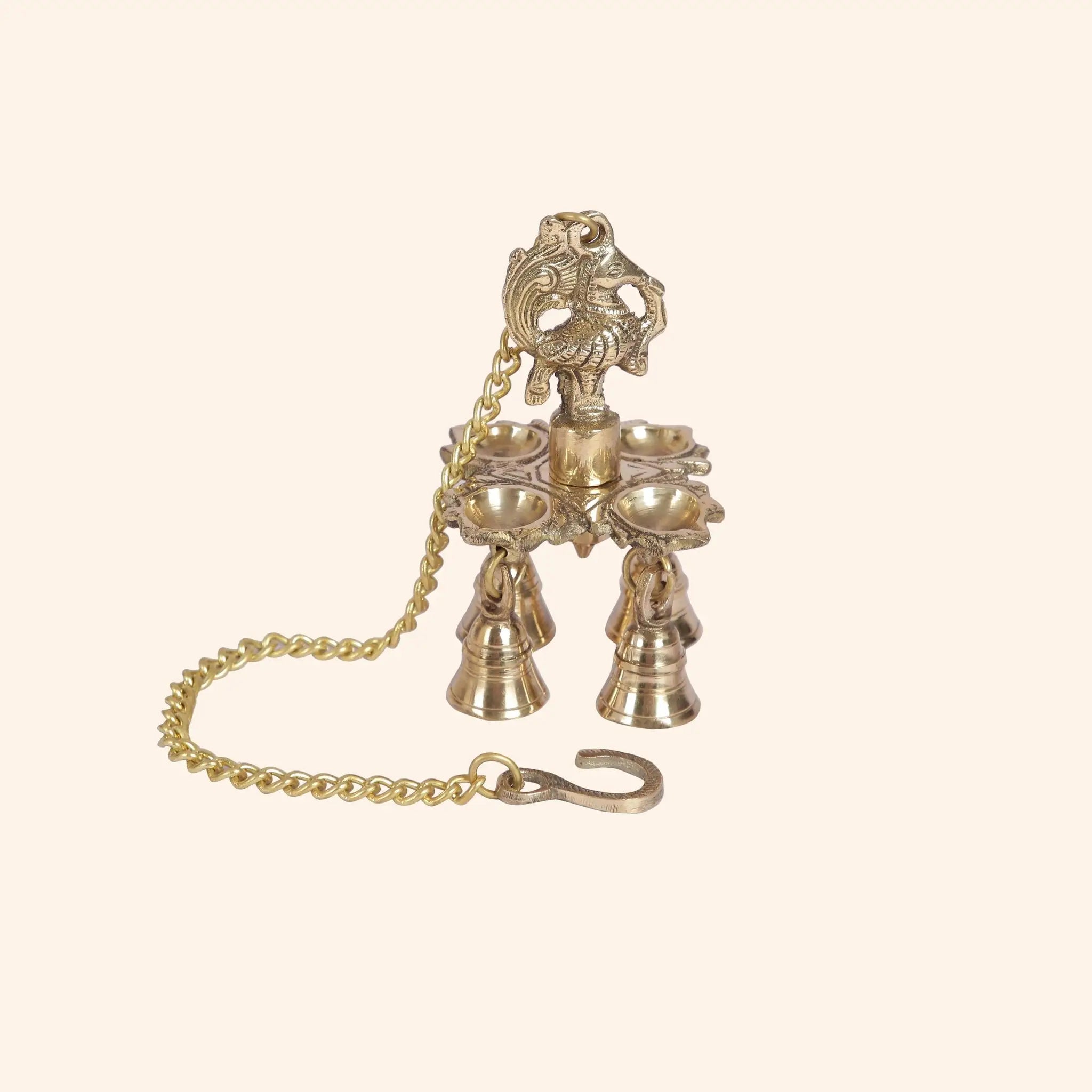 Traditional Brass Hanging Diya with Bells ("Munga Deep Chain")