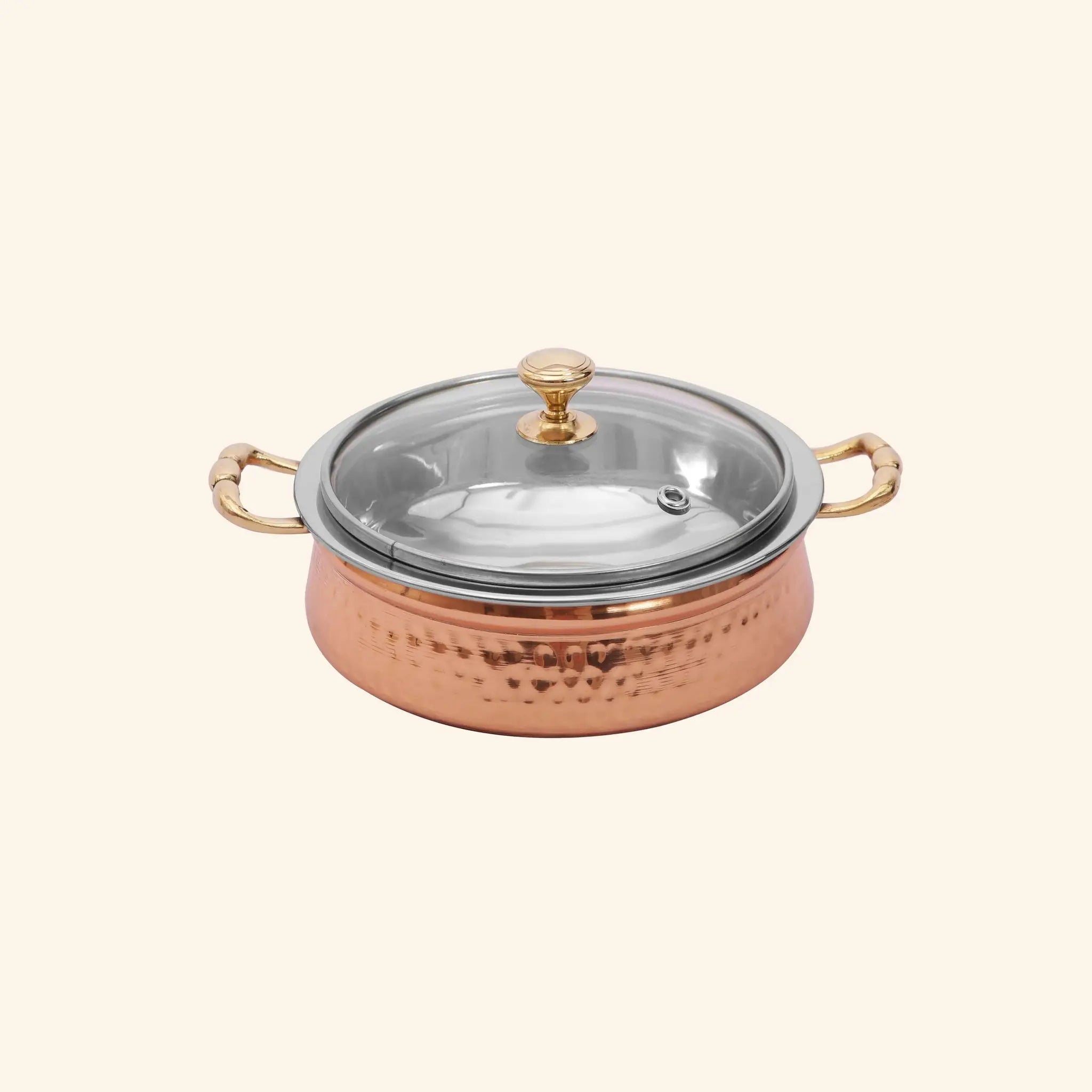 Elegant Copper & Steel Serving Handi with Glass Lid & Brass Handles
