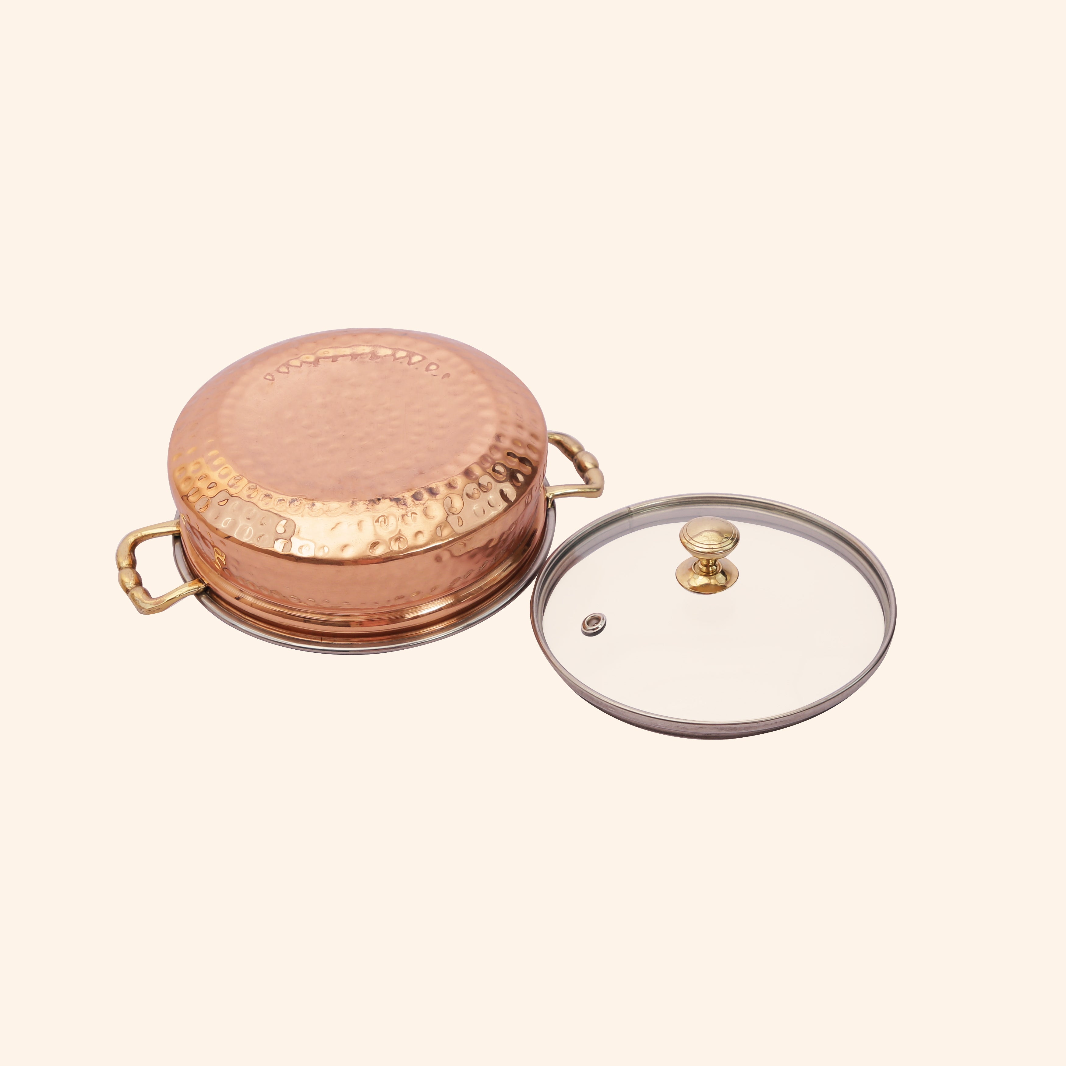 Elegant Copper & Steel Serving Handi with Glass Lid & Brass Handles