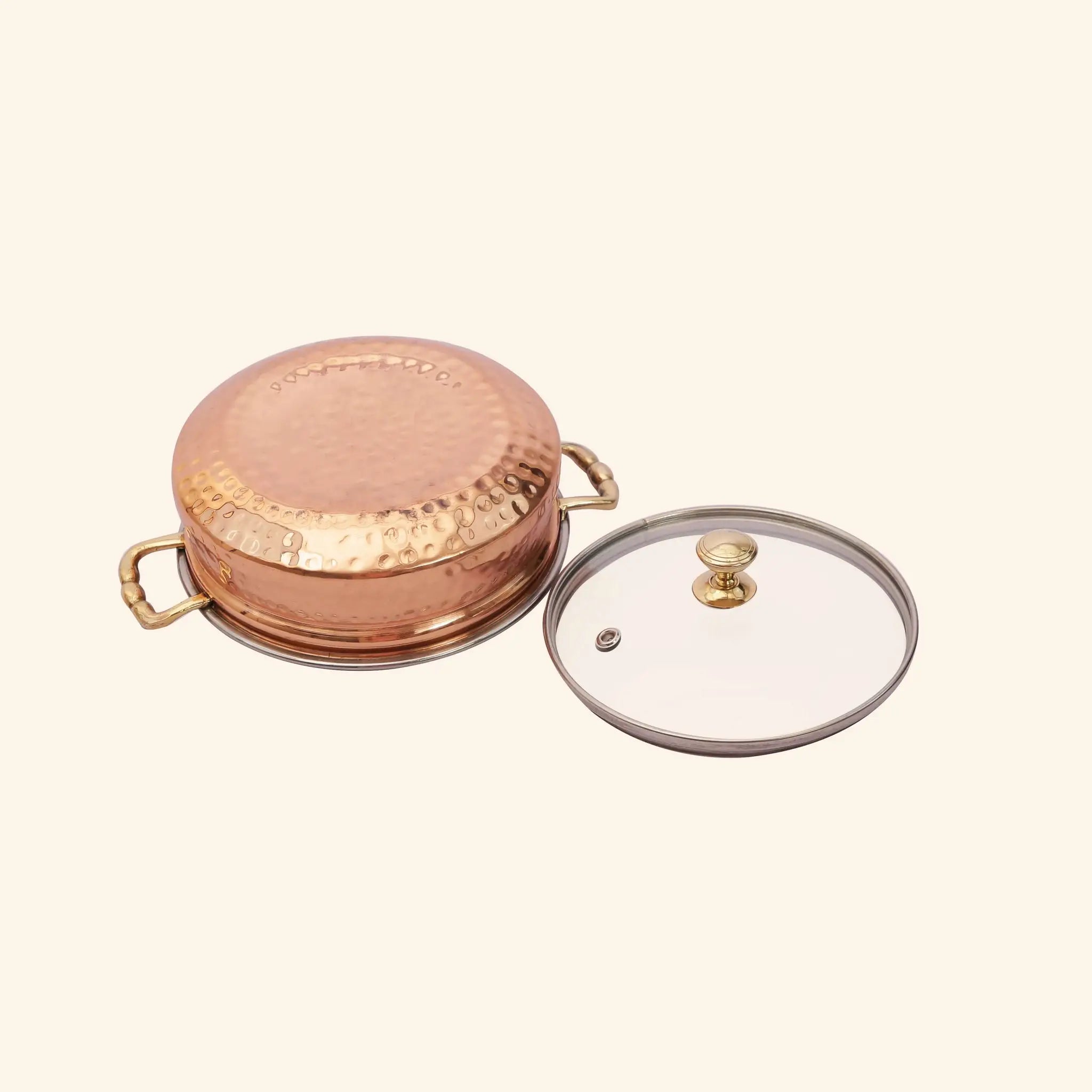 Elegant Copper & Steel Serving Handi with Glass Lid & Brass Handles